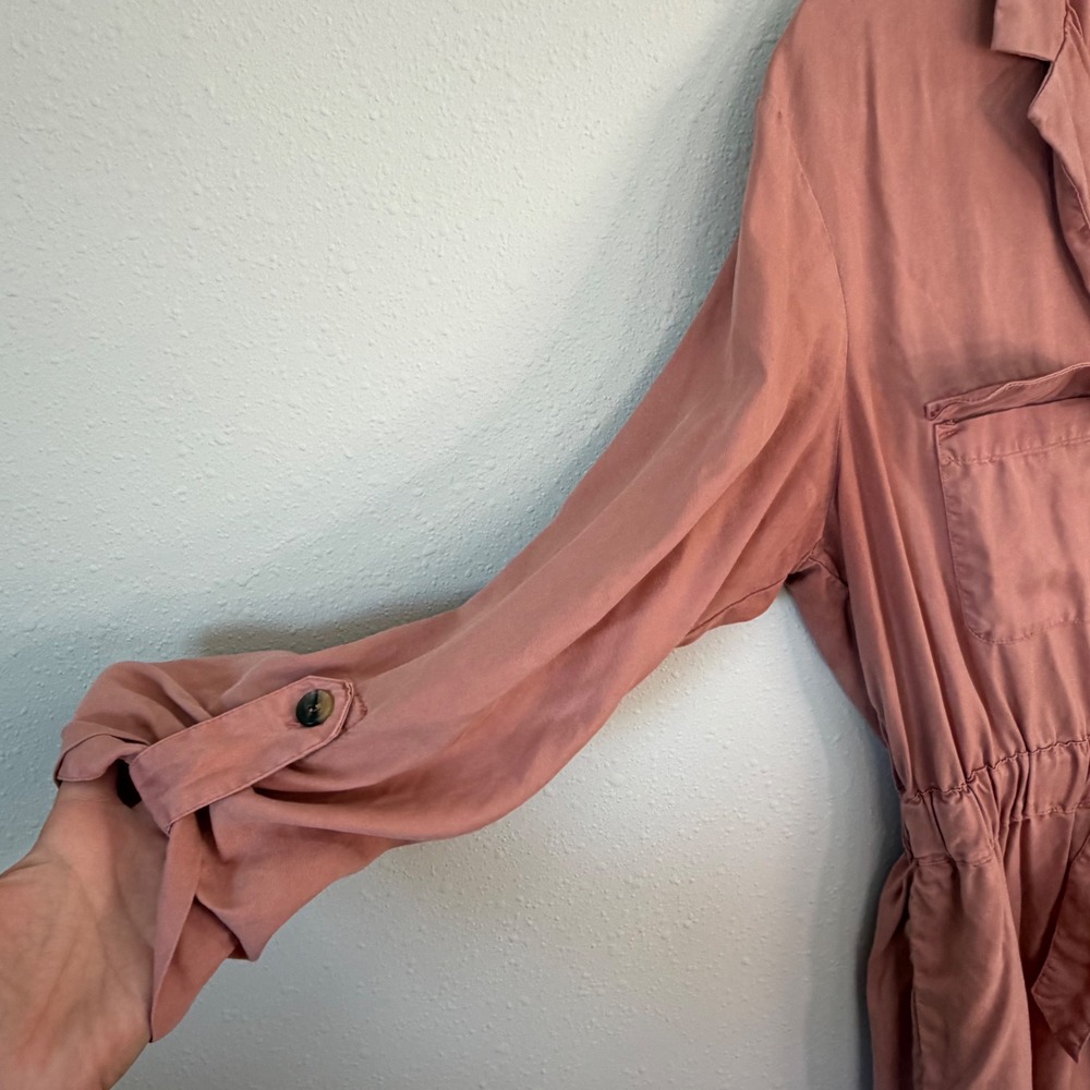 Zara Shirt Dress Womens Large Rose Pink Utility Tie Waist Safari Chic Pocketed - Picture 6 of 16